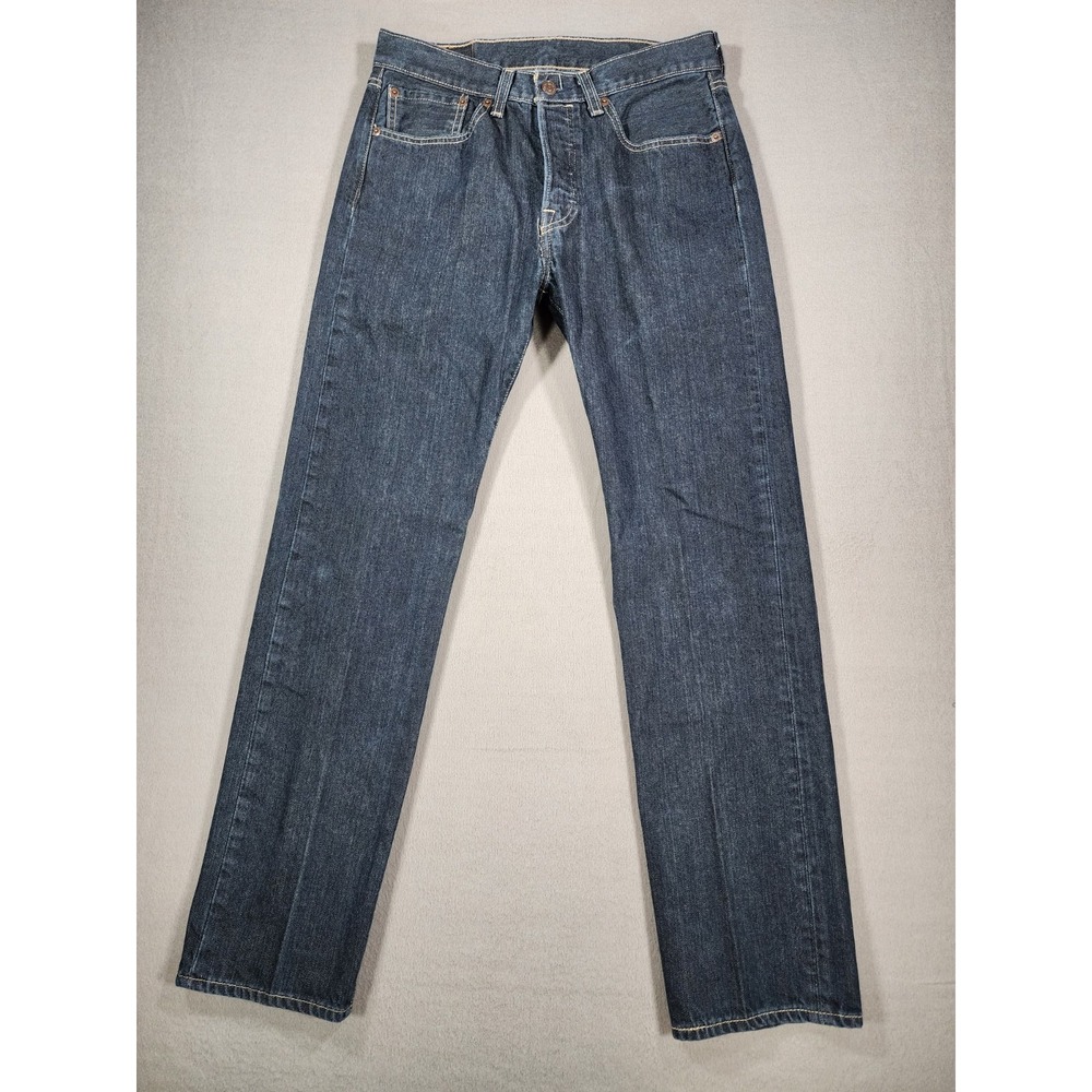 Levis 501 Button Fly Dark Wash Straight Jeans Mens 31x32 100% Cotton Clean Rigid